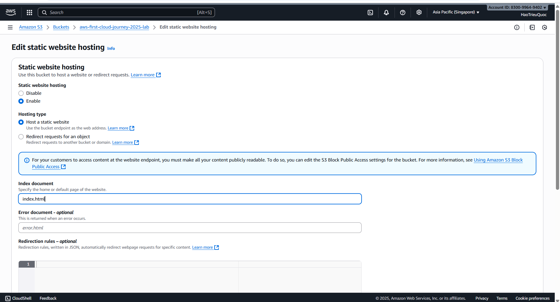 Enable static website feature